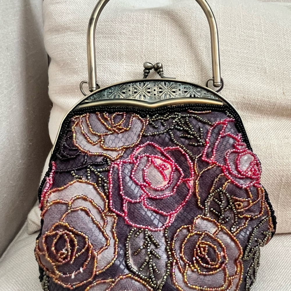 Vintage Romantic Pink and Gold Floral Clutch with Kiss-Lock Frame